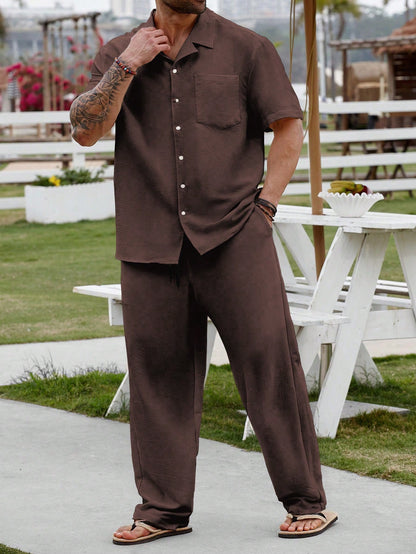 Genlund Plus Size Men Summer Single-Breasted Solid Color Short Sleeve Shirt And Pants Set, Cozy Outfits, Holiday, Formal