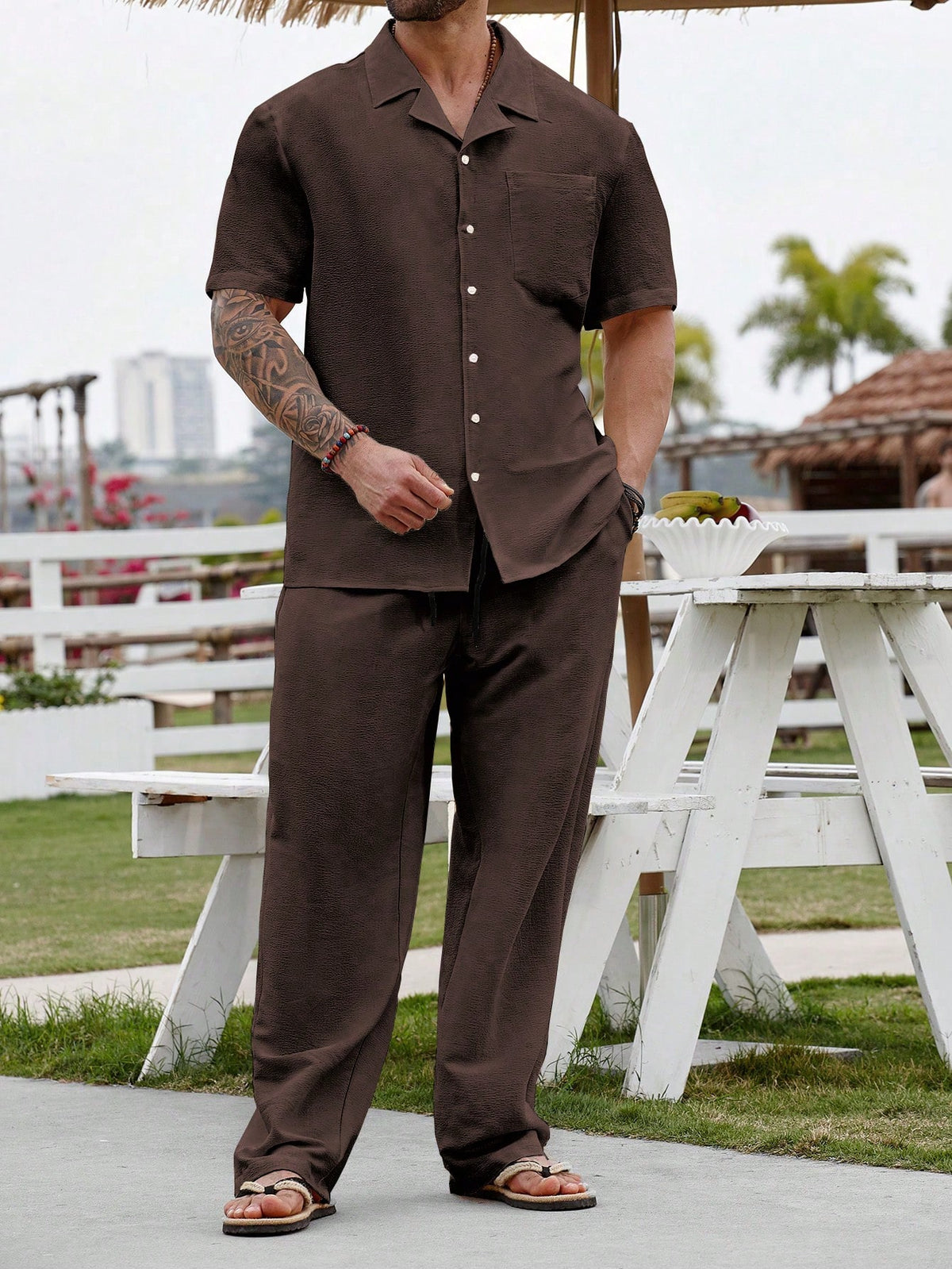 Genlund Plus Size Men Summer Single-Breasted Solid Color Short Sleeve Shirt And Pants Set, Cozy Outfits, Holiday, Formal