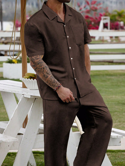 Genlund Plus Size Men Summer Single-Breasted Solid Color Short Sleeve Shirt And Pants Set, Cozy Outfits, Holiday, Formal