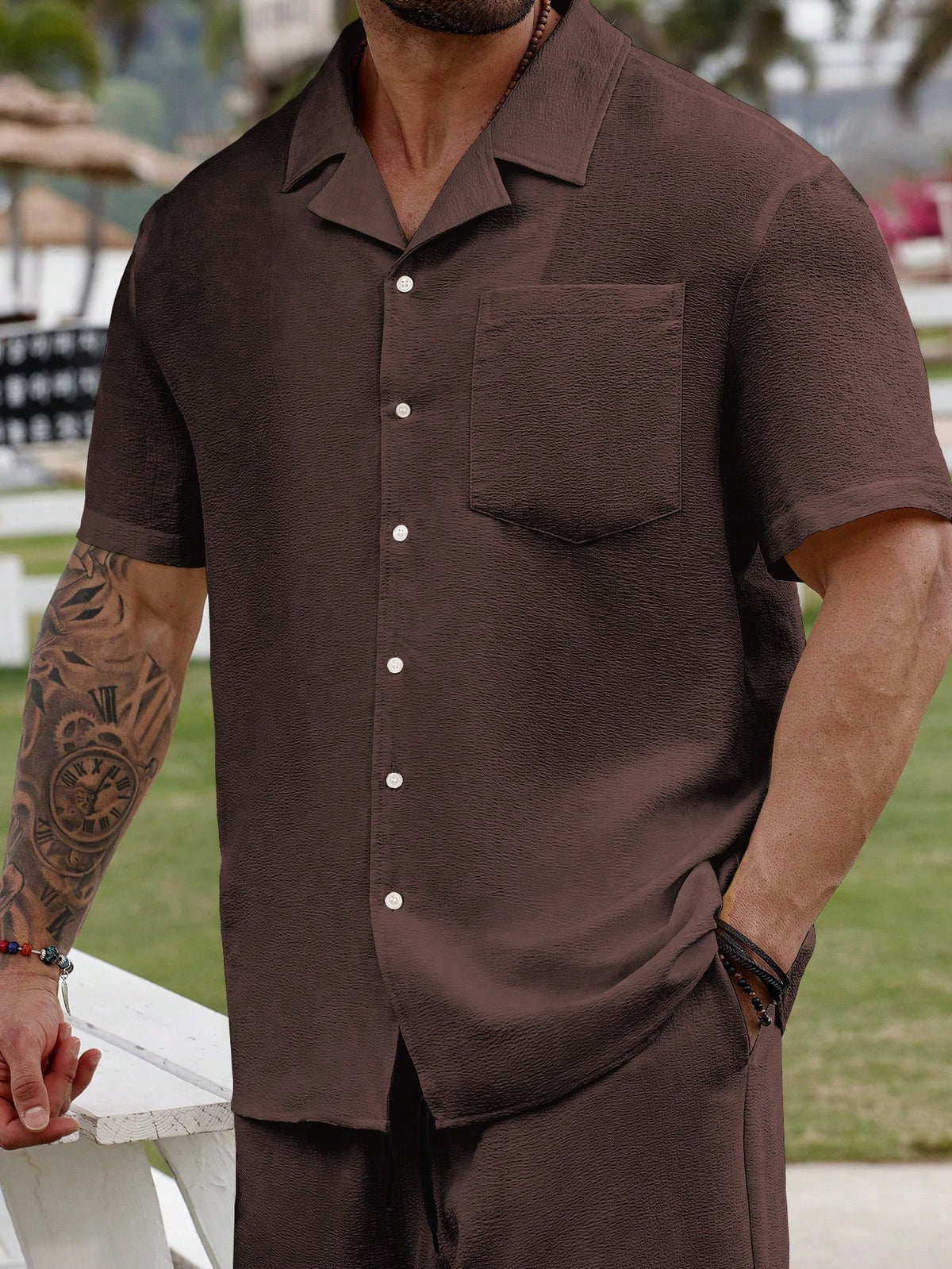 Genlund Plus Size Men Summer Single-Breasted Solid Color Short Sleeve Shirt And Pants Set, Cozy Outfits, Holiday, Formal