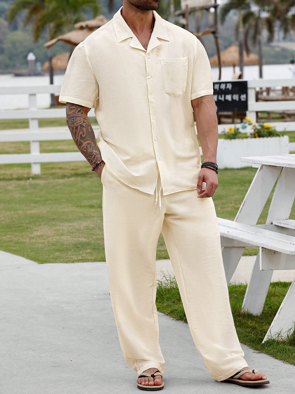 Genlund Plus Size Men Summer Single-Breasted Solid Color Short Sleeve Shirt And Pants Set, Cozy Outfits, Holiday, Formal