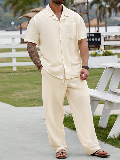 Genlund Plus Size Men Summer Single-Breasted Solid Color Short Sleeve Shirt And Pants Set, Cozy Outfits, Holiday, Formal
