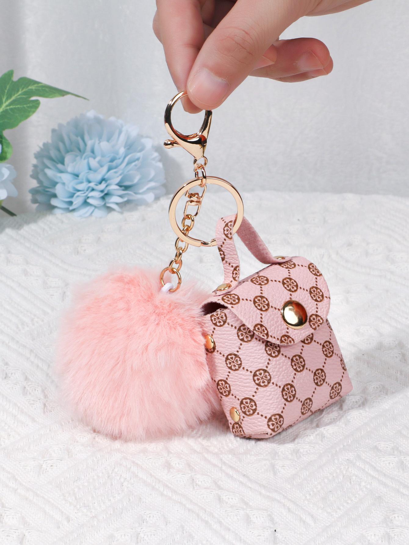 Geometric Pattern Bag Charm Pom Pom Decor Key Chain Coin Purse Bag Accessories Gifts Valentine'S Day Stylish For Teen Girls Women College Students Teacher White-Collar Workers Rookies & White-Collar W