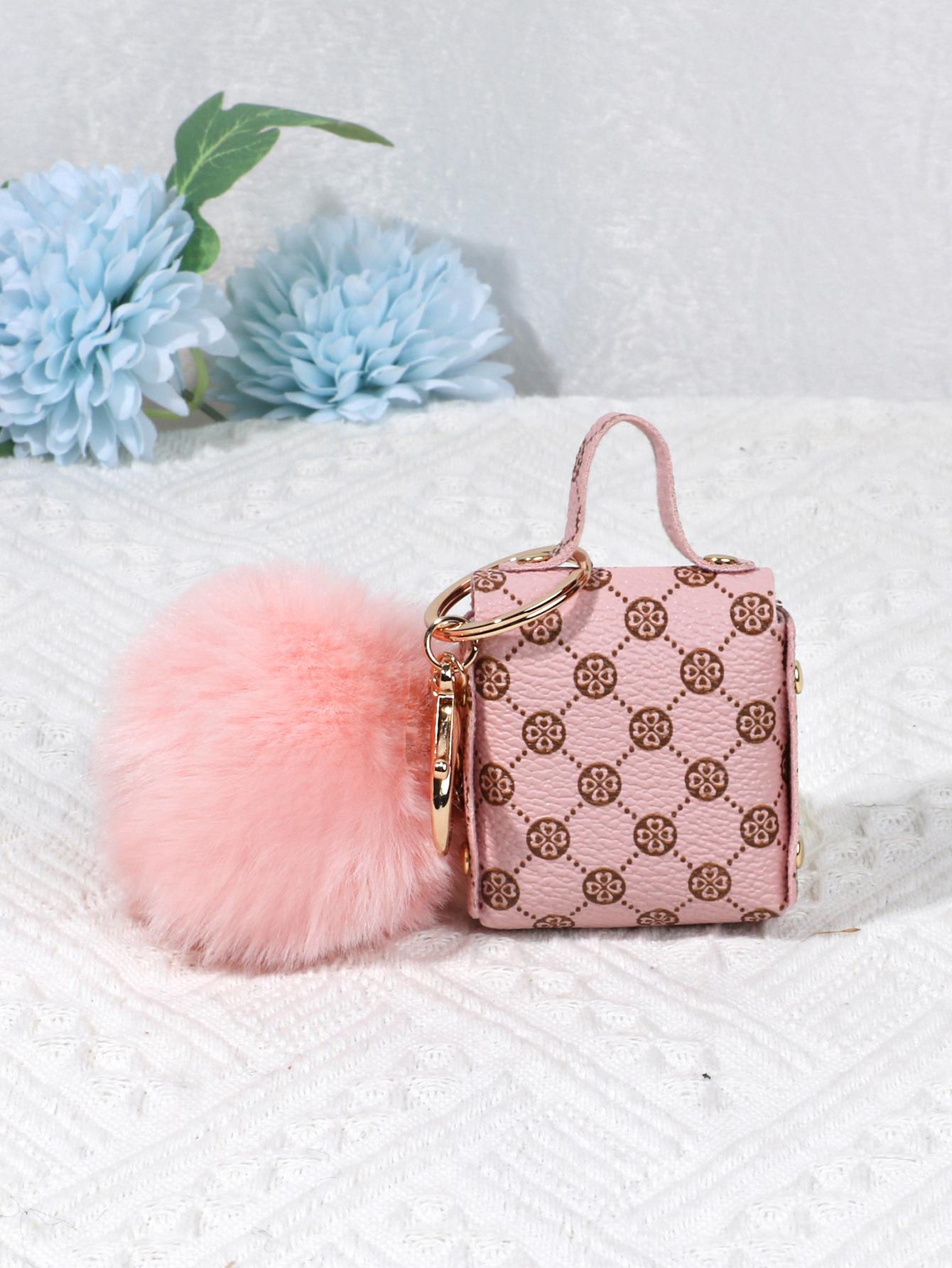 Geometric Pattern Bag Charm Pom Pom Decor Key Chain Coin Purse Bag Accessories Gifts Valentine'S Day Stylish For Teen Girls Women College Students Teacher White-Collar Workers Rookies & White-Collar W