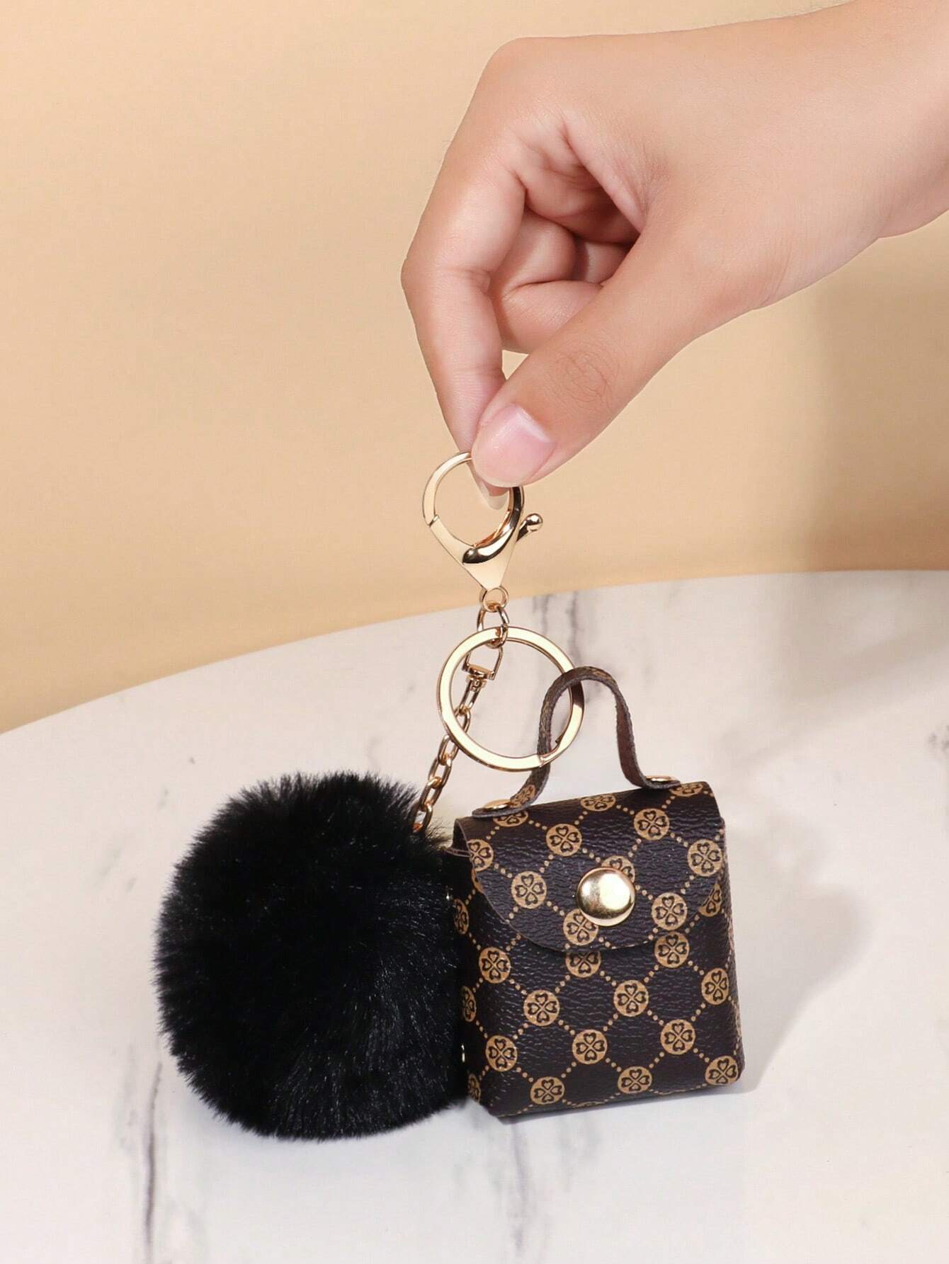 Geometric Pattern Bag Charm Pom Pom Decor Key Chain Coin Purse Bag Accessories Gifts Valentine'S Day Stylish For Teen Girls Women College Students Teacher White-Collar Workers Rookies & White-Collar W