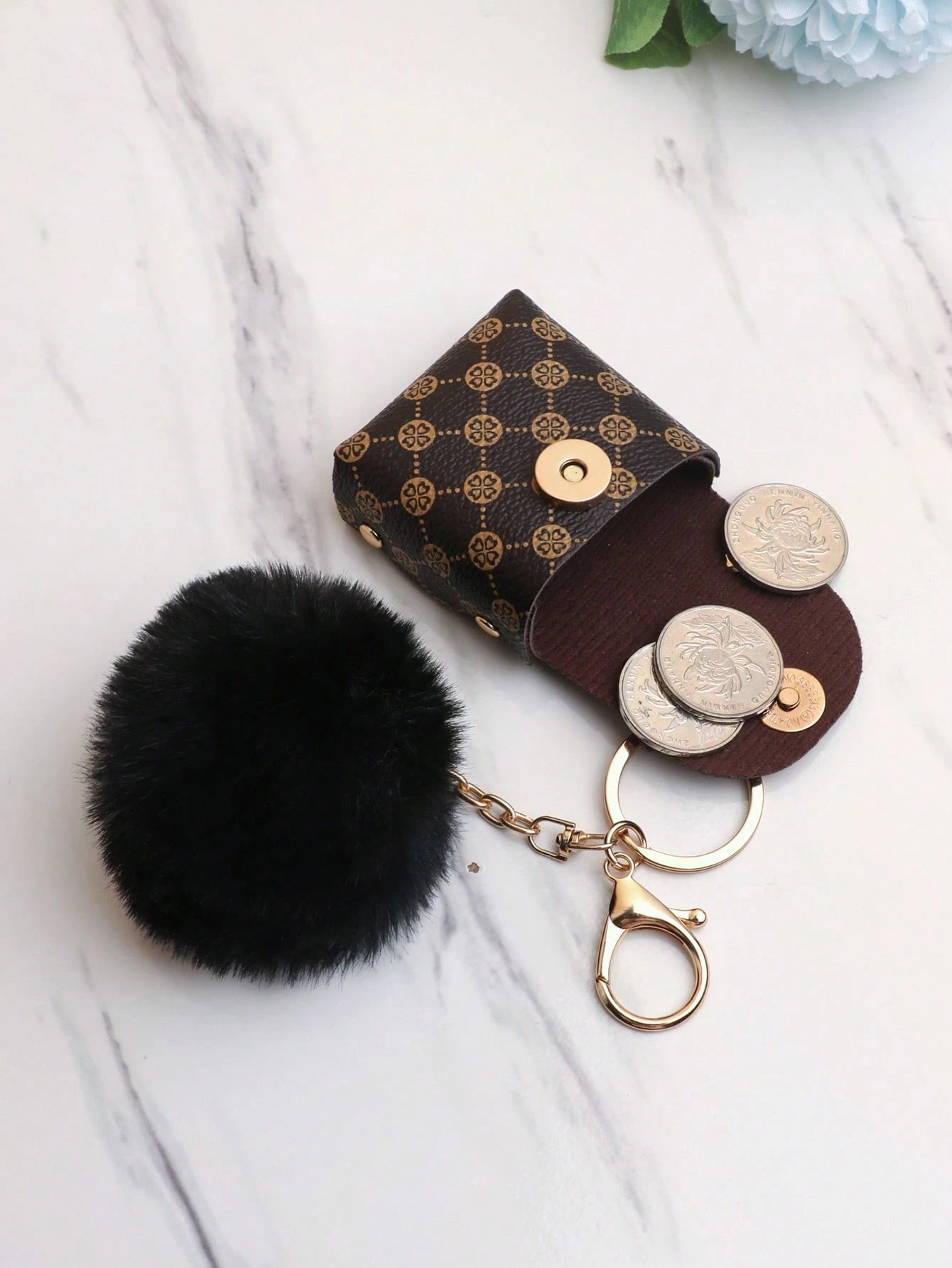 Geometric Pattern Bag Charm Pom Pom Decor Key Chain Coin Purse Bag Accessories Gifts Valentine'S Day Stylish For Teen Girls Women College Students Teacher White-Collar Workers Rookies & White-Collar W
