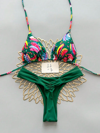 Geometric & Tropical Floral Print Casual Cute Elegant Sexy Bohemian Style Tie-Front Bikini Swimwear Set For Women, Summer Beach Vacation, Resort Wear