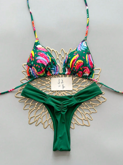 Geometric & Tropical Floral Print Casual Cute Elegant Sexy Bohemian Style Tie-Front Bikini Swimwear Set For Women, Summer Beach Vacation, Resort Wear