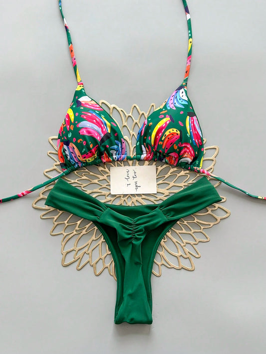 Geometric & Tropical Floral Print Casual Cute Elegant Sexy Bohemian Style Tie-Front Bikini Swimwear Set For Women, Summer Beach Vacation, Resort Wear