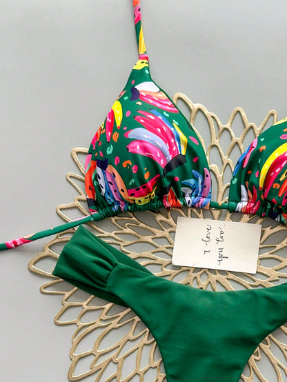 Geometric & Tropical Floral Print Casual Cute Elegant Sexy Bohemian Style Tie-Front Bikini Swimwear Set For Women, Summer Beach Vacation, Resort Wear