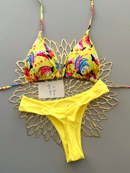 Geometric & Tropical Floral Print Casual Cute Elegant Sexy Bohemian Style Tie-Front Bikini Swimwear Set For Women, Summer Beach Vacation, Resort Wear
