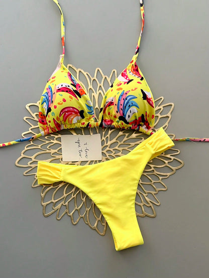 Geometric & Tropical Floral Print Casual Cute Elegant Sexy Bohemian Style Tie-Front Bikini Swimwear Set For Women, Summer Beach Vacation, Resort Wear