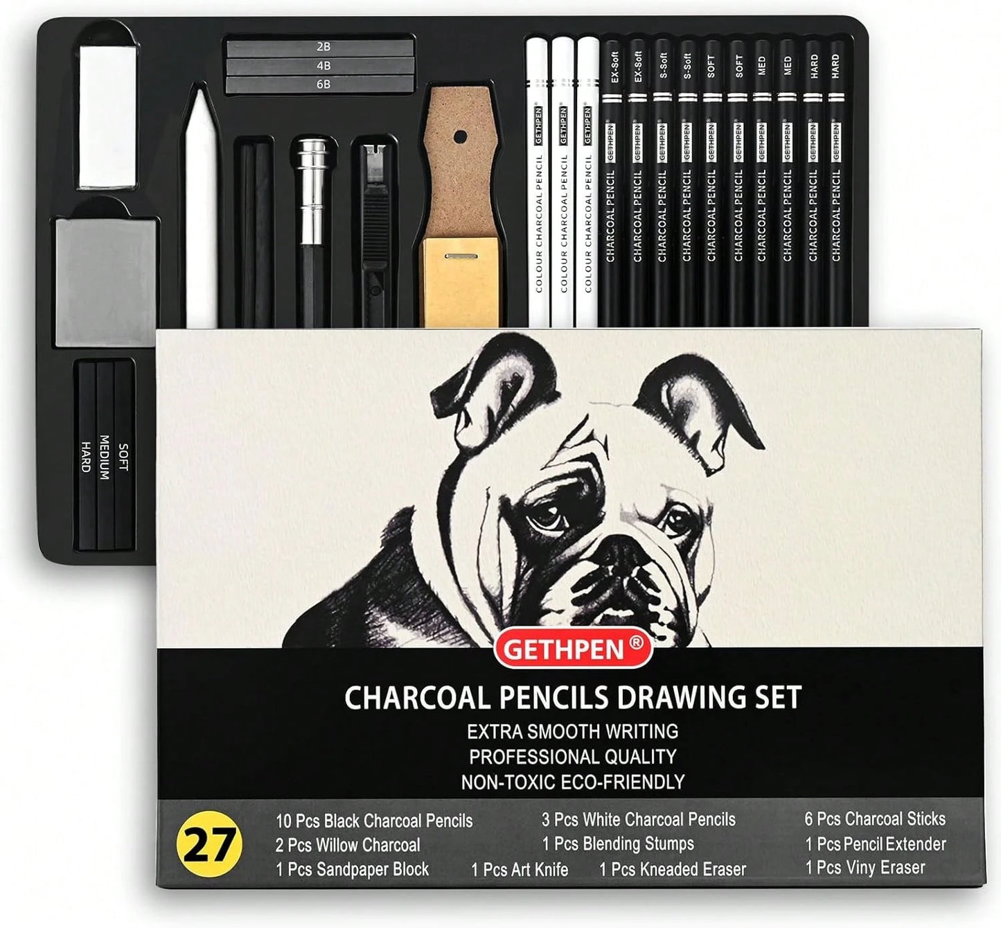 GETHPEN 27 Piece Charcoal Drawing Set- Professional Black &Amp; White Charcoal Pencils For Sketching, Shading &Amp; Blending, Graphite Sticks With Artist Art Supplies Kit (Beginners &Amp; Professiona