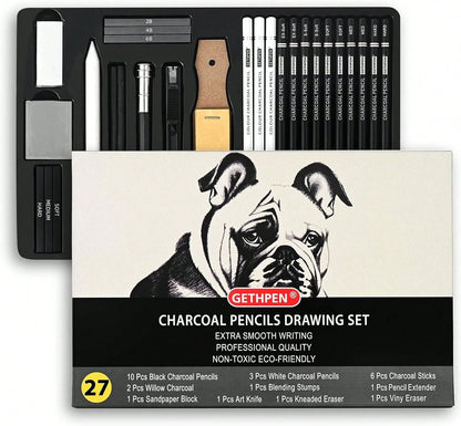 GETHPEN 27 Piece Charcoal Drawing Set- Professional Black &Amp; White Charcoal Pencils For Sketching, Shading &Amp; Blending, Graphite Sticks With Artist Art Supplies Kit (Beginners &Amp; Professiona