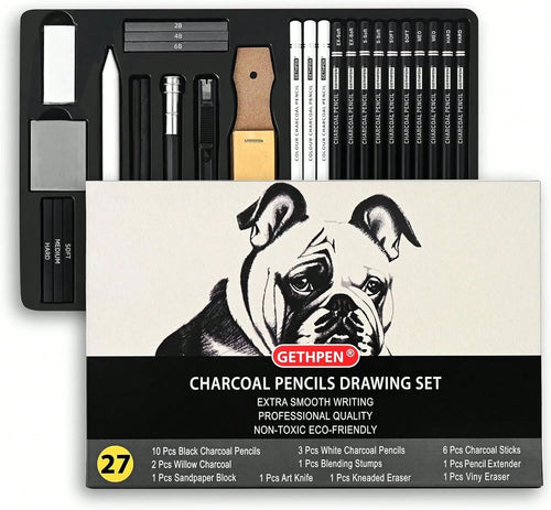 GETHPEN 27 Piece Charcoal Drawing Set- Professional Black &Amp; White Charcoal Pencils For Sketching, Shading &Amp; Blending, Graphite Sticks With Artist Art Supplies Kit (Beginners &Amp; Professiona