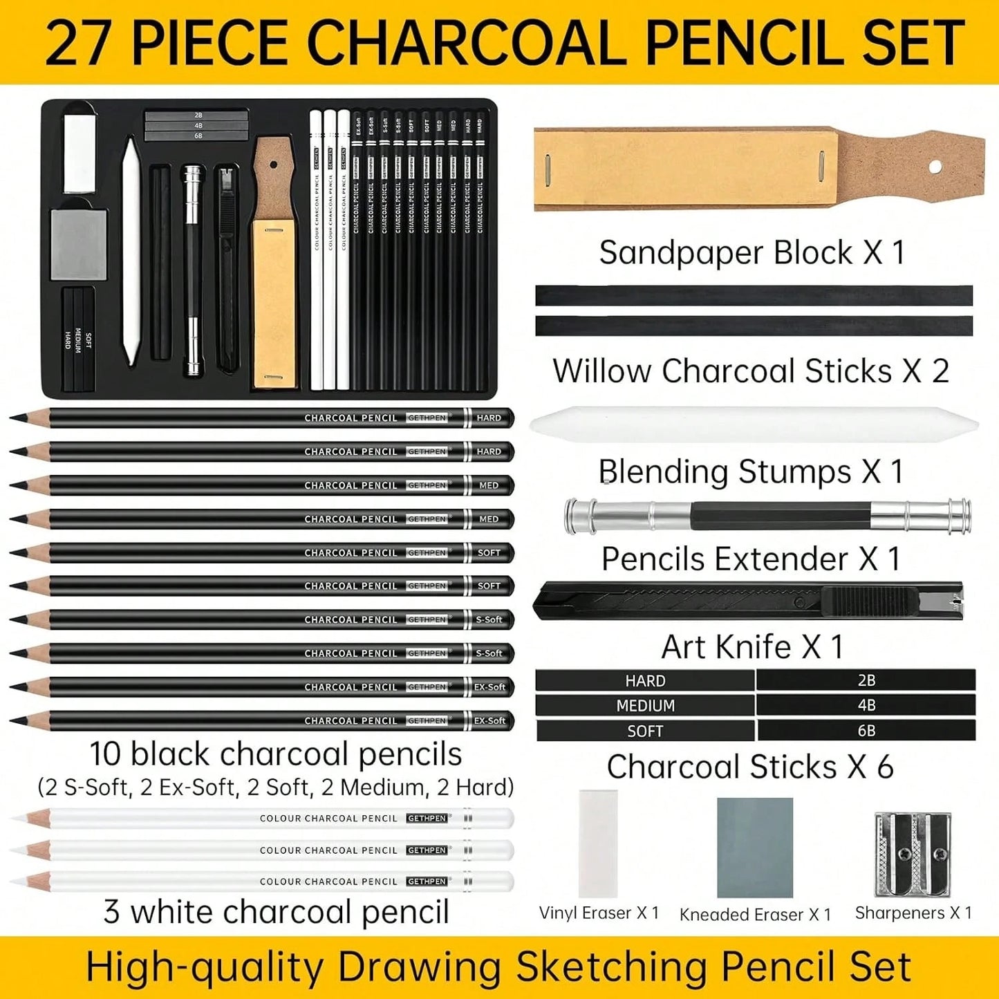 GETHPEN 27 Piece Charcoal Drawing Set- Professional Black &Amp; White Charcoal Pencils For Sketching, Shading &Amp; Blending, Graphite Sticks With Artist Art Supplies Kit (Beginners &Amp; Professiona
