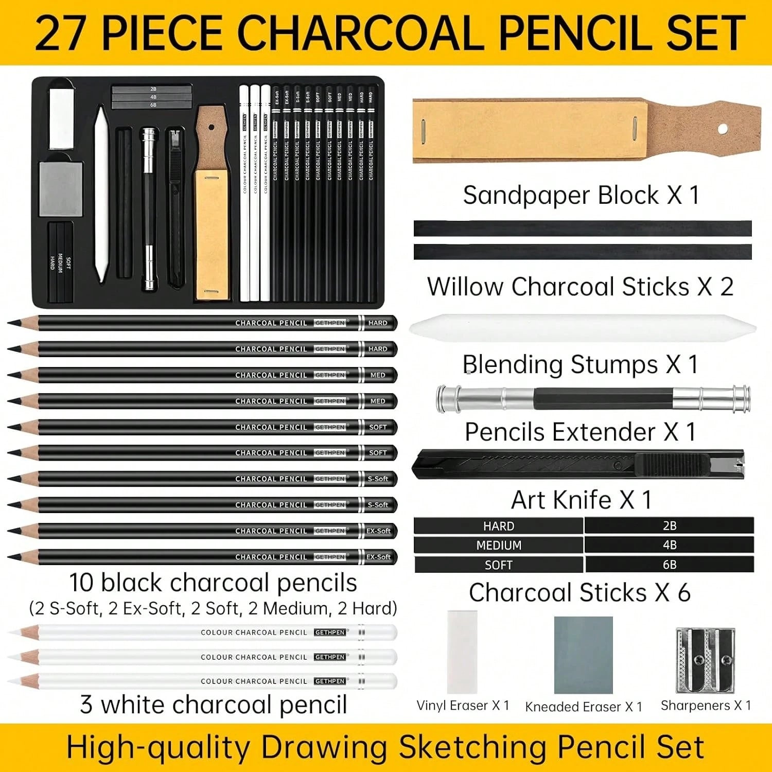 GETHPEN 27 Piece Charcoal Drawing Set- Professional Black &Amp; White Charcoal Pencils For Sketching, Shading &Amp; Blending, Graphite Sticks With Artist Art Supplies Kit (Beginners &Amp; Professiona