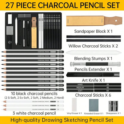 GETHPEN 27 Piece Charcoal Drawing Set- Professional Black &Amp; White Charcoal Pencils For Sketching, Shading &Amp; Blending, Graphite Sticks With Artist Art Supplies Kit (Beginners &Amp; Professiona