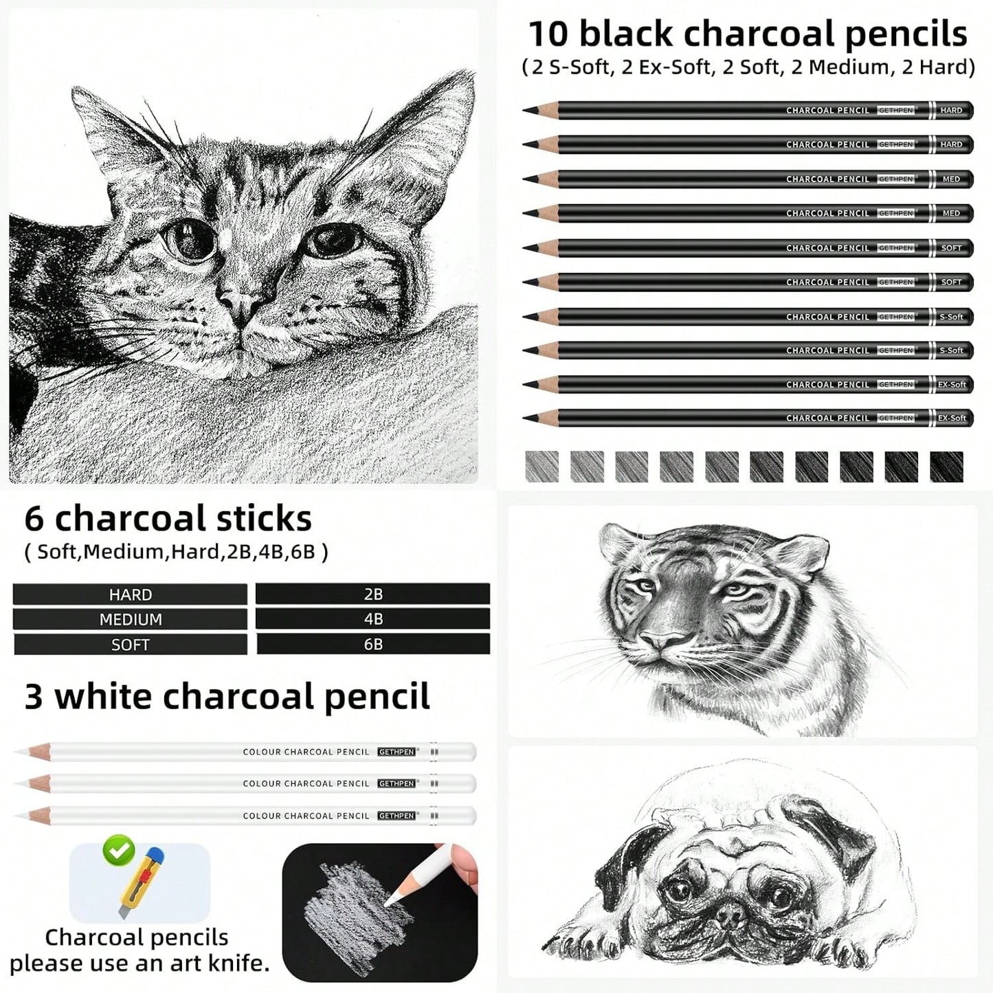 GETHPEN 27 Piece Charcoal Drawing Set- Professional Black &Amp; White Charcoal Pencils For Sketching, Shading &Amp; Blending, Graphite Sticks With Artist Art Supplies Kit (Beginners &Amp; Professiona