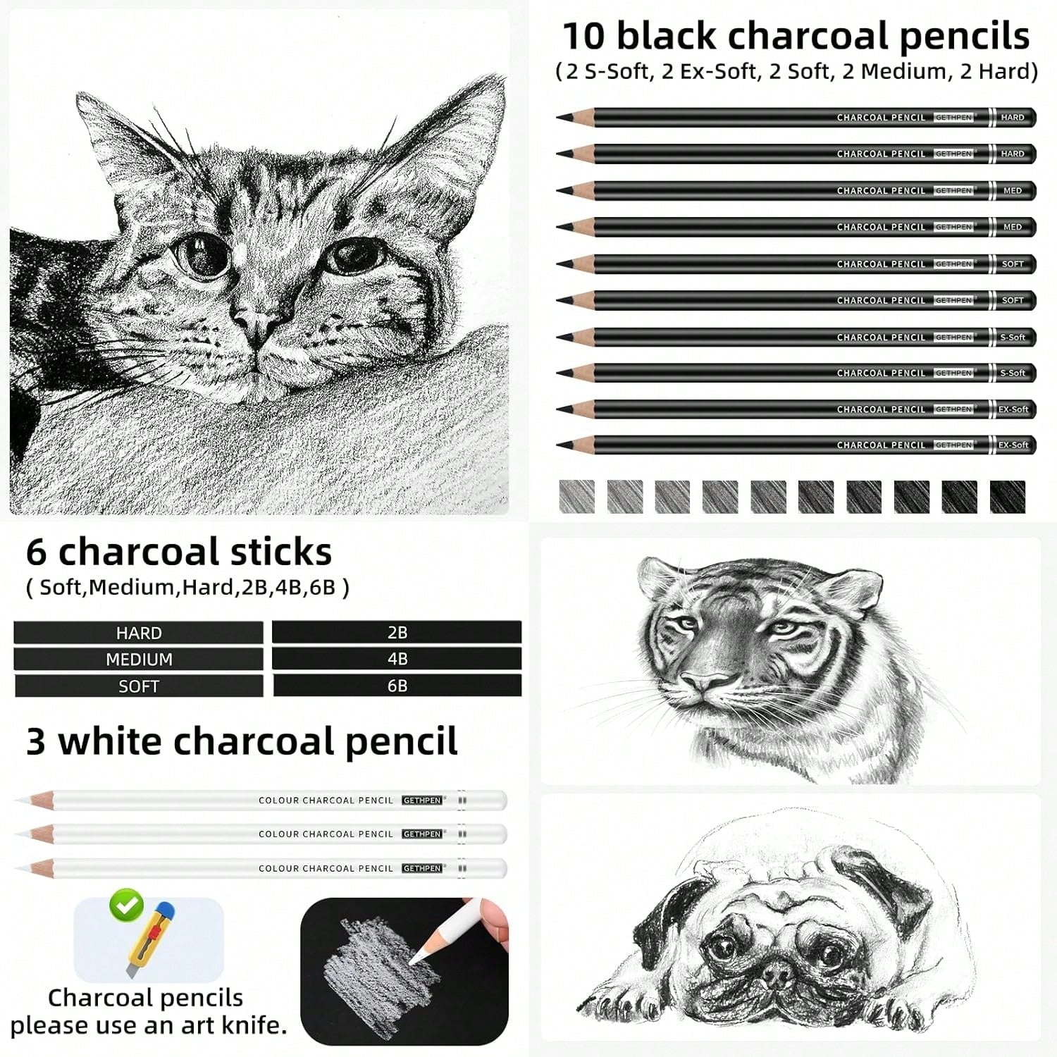 GETHPEN 27 Piece Charcoal Drawing Set- Professional Black &Amp; White Charcoal Pencils For Sketching, Shading &Amp; Blending, Graphite Sticks With Artist Art Supplies Kit (Beginners &Amp; Professiona