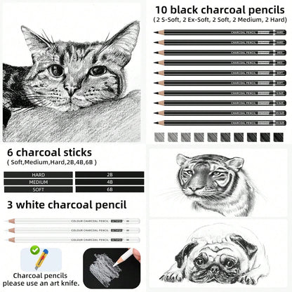GETHPEN 27 Piece Charcoal Drawing Set- Professional Black &Amp; White Charcoal Pencils For Sketching, Shading &Amp; Blending, Graphite Sticks With Artist Art Supplies Kit (Beginners &Amp; Professiona
