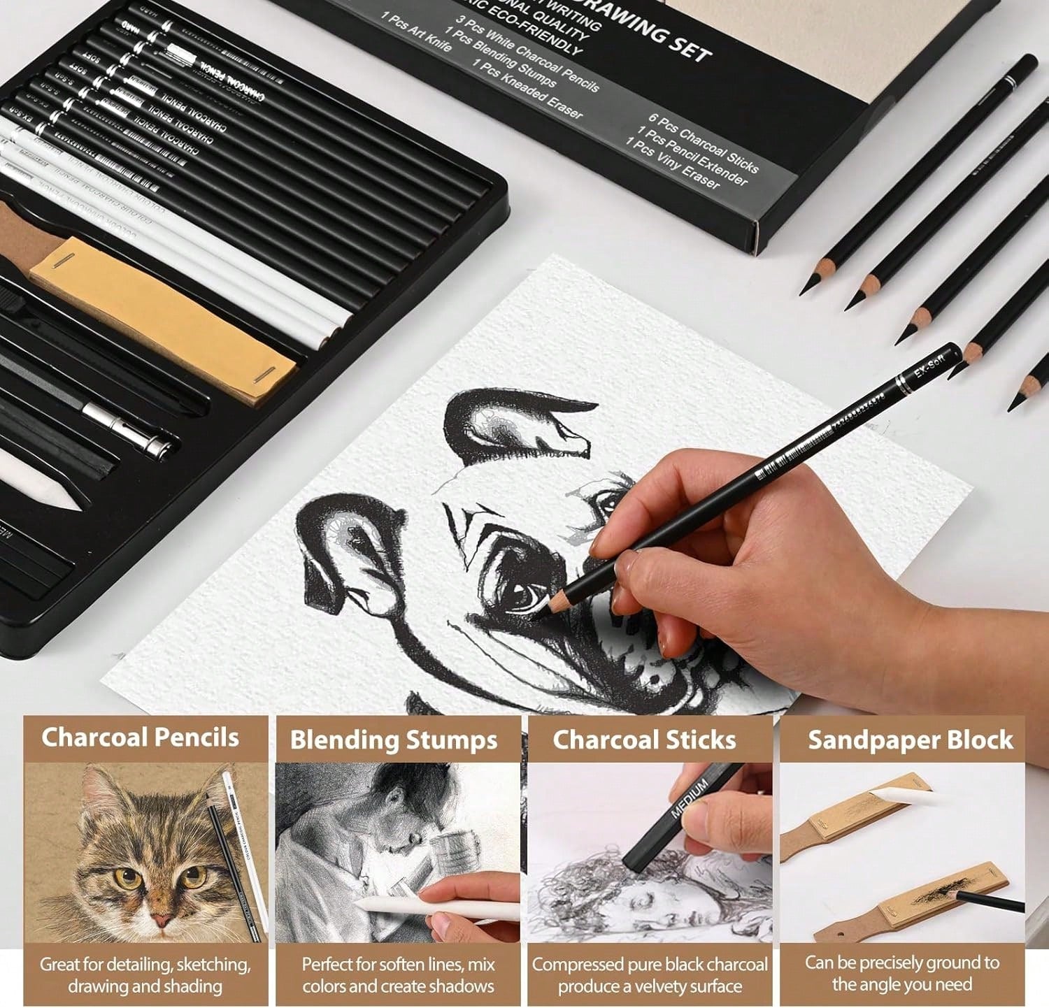 GETHPEN 27 Piece Charcoal Drawing Set- Professional Black &Amp; White Charcoal Pencils For Sketching, Shading &Amp; Blending, Graphite Sticks With Artist Art Supplies Kit (Beginners &Amp; Professiona