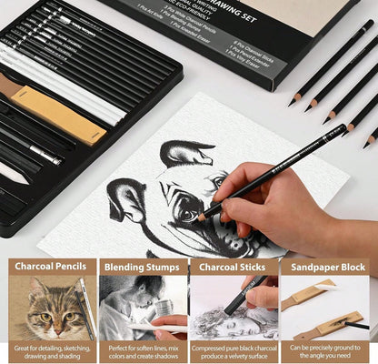 GETHPEN 27 Piece Charcoal Drawing Set- Professional Black &Amp; White Charcoal Pencils For Sketching, Shading &Amp; Blending, Graphite Sticks With Artist Art Supplies Kit (Beginners &Amp; Professiona