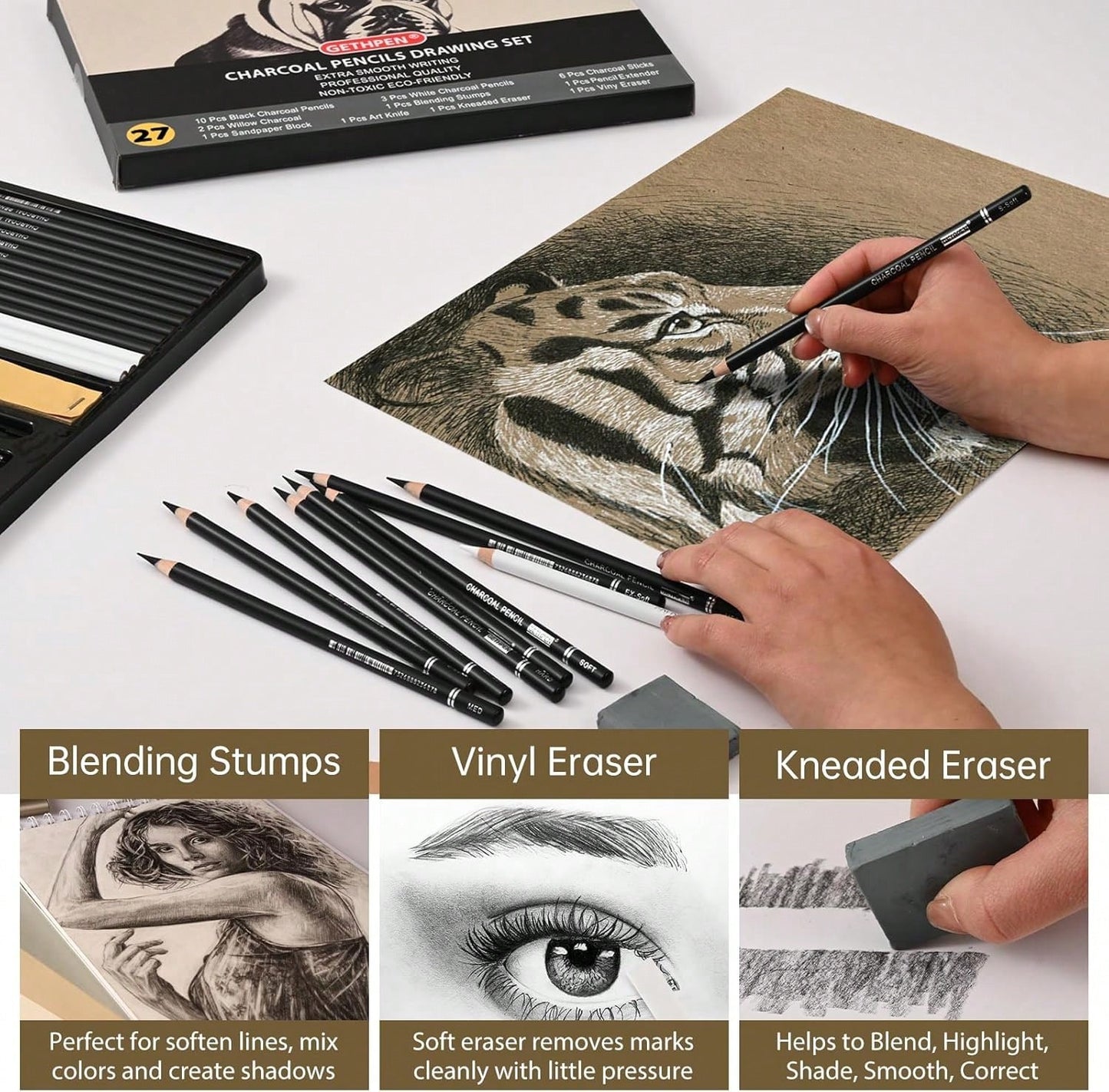GETHPEN 27 Piece Charcoal Drawing Set- Professional Black &Amp; White Charcoal Pencils For Sketching, Shading &Amp; Blending, Graphite Sticks With Artist Art Supplies Kit (Beginners &Amp; Professiona