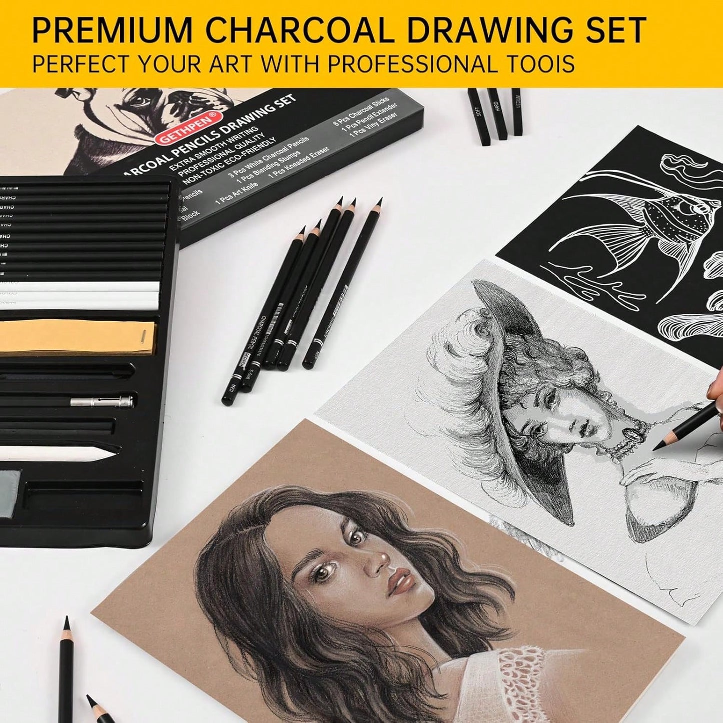 GETHPEN 27 Piece Charcoal Drawing Set- Professional Black &Amp; White Charcoal Pencils For Sketching, Shading &Amp; Blending, Graphite Sticks With Artist Art Supplies Kit (Beginners &Amp; Professiona