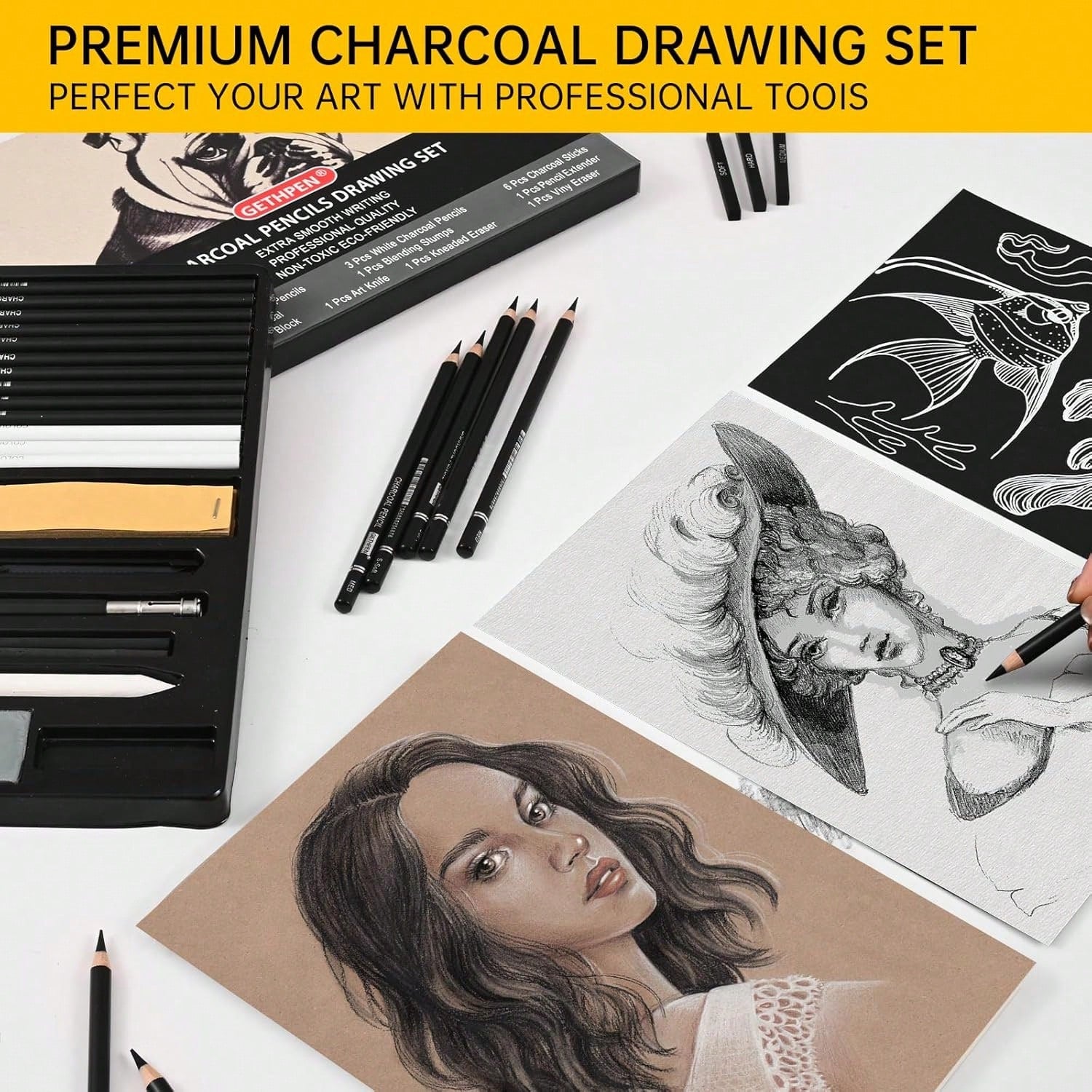 GETHPEN 27 Piece Charcoal Drawing Set- Professional Black &Amp; White Charcoal Pencils For Sketching, Shading &Amp; Blending, Graphite Sticks With Artist Art Supplies Kit (Beginners &Amp; Professiona