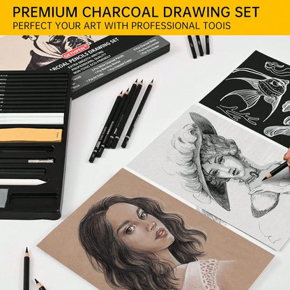 GETHPEN 27 Piece Charcoal Drawing Set- Professional Black &Amp; White Charcoal Pencils For Sketching, Shading &Amp; Blending, Graphite Sticks With Artist Art Supplies Kit (Beginners &Amp; Professiona