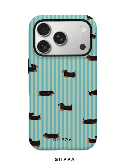 GIIPPA 1pc Light Blue Vertical Stripe & Dachshund Pattern Phone Case, Compatible With Phone 17 Pro Max, 16 Pro Max, 15 Pro Max, 14 Pro Max, 11/12/13/14/15/16 Pro Max Plus, Korean-Style High-End Fashio