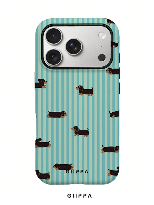 GIIPPA 1pc Light Blue Vertical Stripe & Dachshund Pattern Phone Case, Compatible With Phone 17 Pro Max, 16 Pro Max, 15 Pro Max, 14 Pro Max, 11/12/13/14/15/16 Pro Max Plus, Korean-Style High-End Fashio