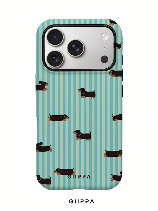 GIIPPA 1pc Light Blue Vertical Stripe & Dachshund Pattern Phone Case, Compatible With Phone 17 Pro Max, 16 Pro Max, 15 Pro Max, 14 Pro Max, 11/12/13/14/15/16 Pro Max Plus, Korean-Style High-End Fashio