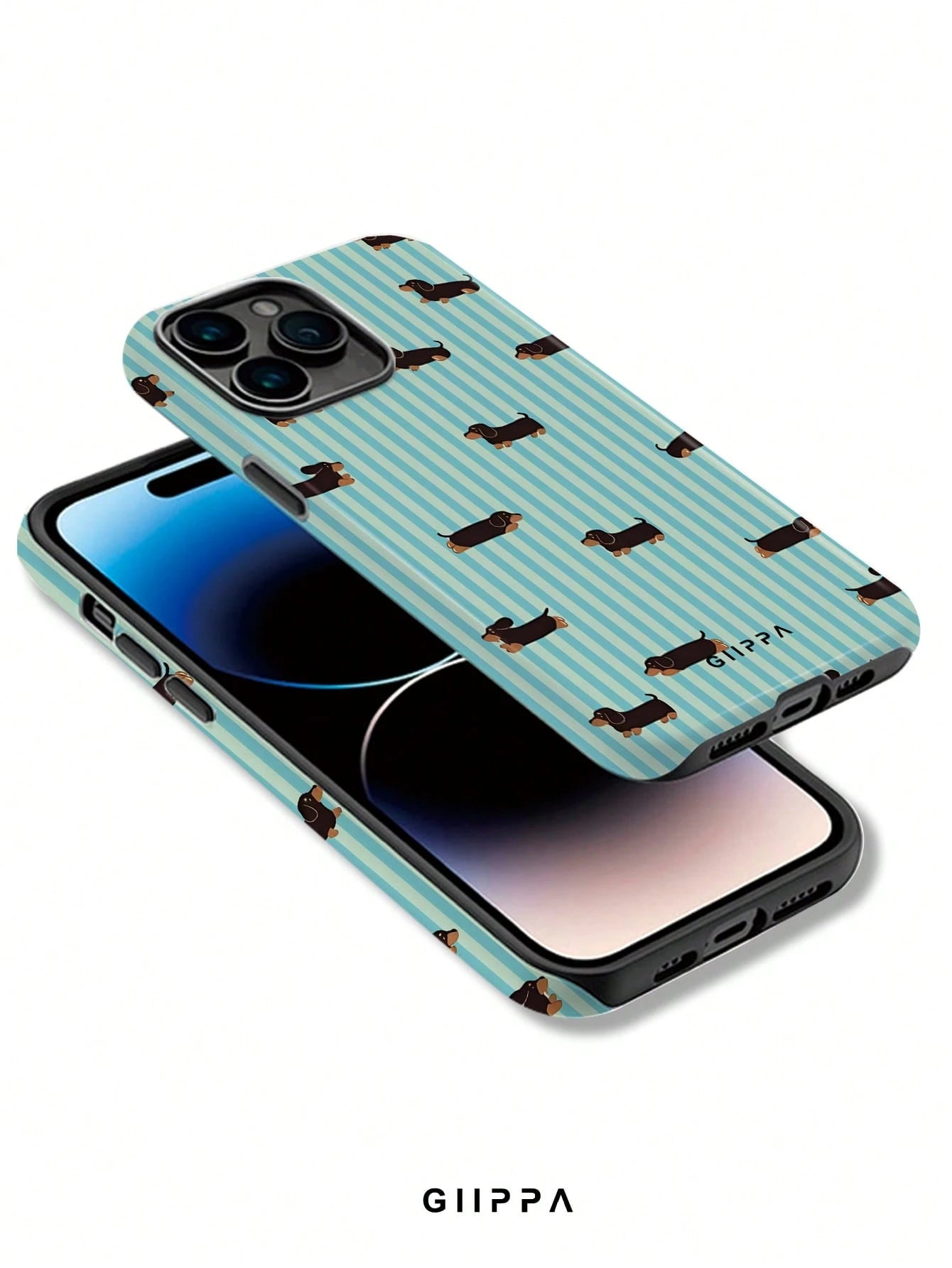 GIIPPA 1pc Light Blue Vertical Stripe & Dachshund Pattern Phone Case, Compatible With Phone 17 Pro Max, 16 Pro Max, 15 Pro Max, 14 Pro Max, 11/12/13/14/15/16 Pro Max Plus, Korean-Style High-End Fashio