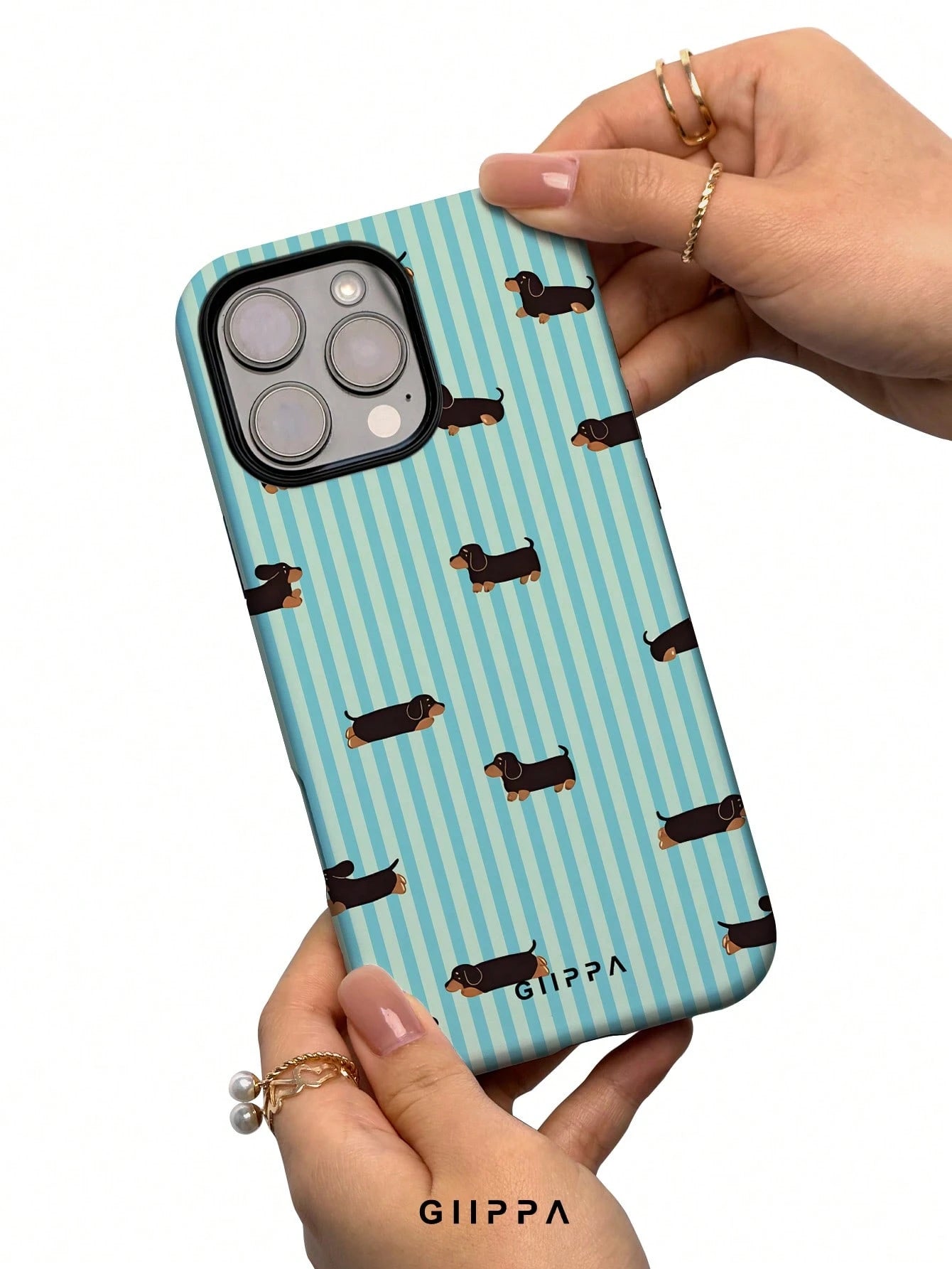 GIIPPA 1pc Light Blue Vertical Stripe & Dachshund Pattern Phone Case, Compatible With Phone 17 Pro Max, 16 Pro Max, 15 Pro Max, 14 Pro Max, 11/12/13/14/15/16 Pro Max Plus, Korean-Style High-End Fashio