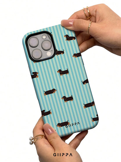 GIIPPA 1pc Light Blue Vertical Stripe & Dachshund Pattern Phone Case, Compatible With Phone 17 Pro Max, 16 Pro Max, 15 Pro Max, 14 Pro Max, 11/12/13/14/15/16 Pro Max Plus, Korean-Style High-End Fashio