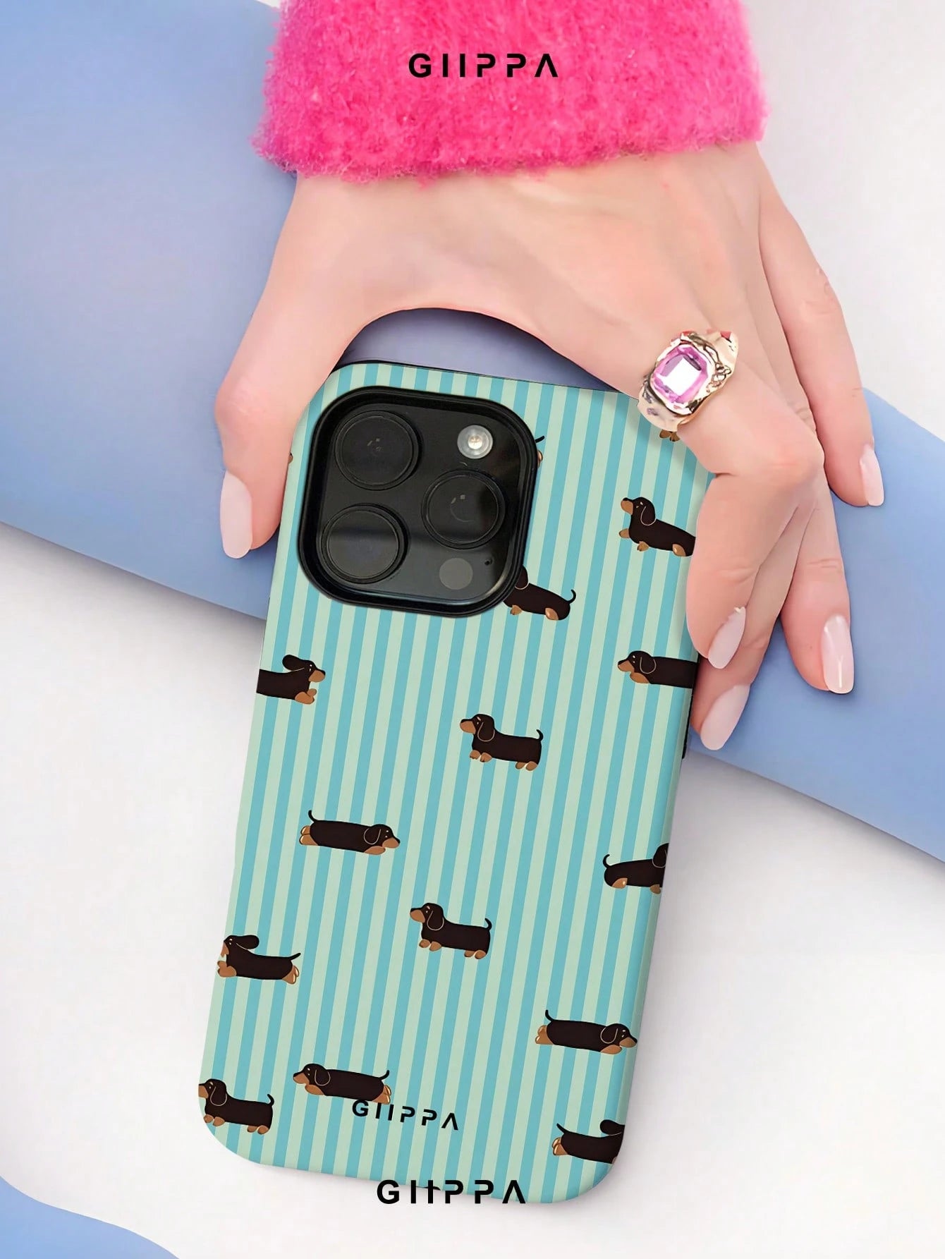 GIIPPA 1pc Light Blue Vertical Stripe & Dachshund Pattern Phone Case, Compatible With Phone 17 Pro Max, 16 Pro Max, 15 Pro Max, 14 Pro Max, 11/12/13/14/15/16 Pro Max Plus, Korean-Style High-End Fashio
