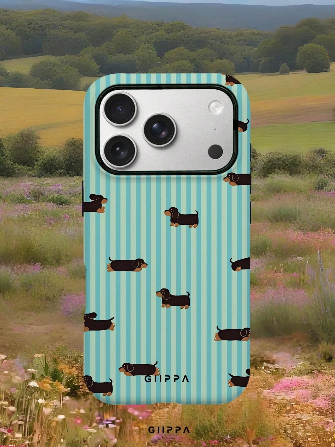 GIIPPA 1pc Light Blue Vertical Stripe & Dachshund Pattern Phone Case, Compatible With Phone 17 Pro Max, 16 Pro Max, 15 Pro Max, 14 Pro Max, 11/12/13/14/15/16 Pro Max Plus, Korean-Style High-End Fashio