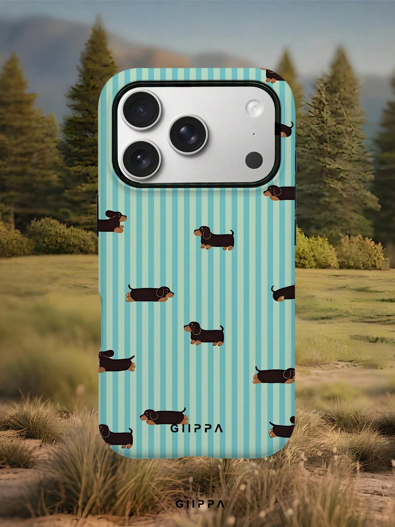 GIIPPA 1pc Light Blue Vertical Stripe & Dachshund Pattern Phone Case, Compatible With Phone 17 Pro Max, 16 Pro Max, 15 Pro Max, 14 Pro Max, 11/12/13/14/15/16 Pro Max Plus, Korean-Style High-End Fashio