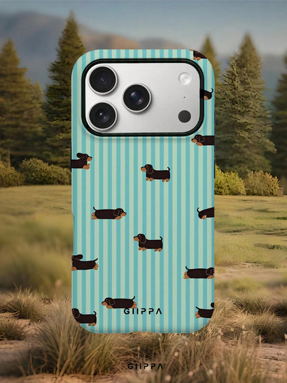 GIIPPA 1pc Light Blue Vertical Stripe & Dachshund Pattern Phone Case, Compatible With Phone 17 Pro Max, 16 Pro Max, 15 Pro Max, 14 Pro Max, 11/12/13/14/15/16 Pro Max Plus, Korean-Style High-End Fashio