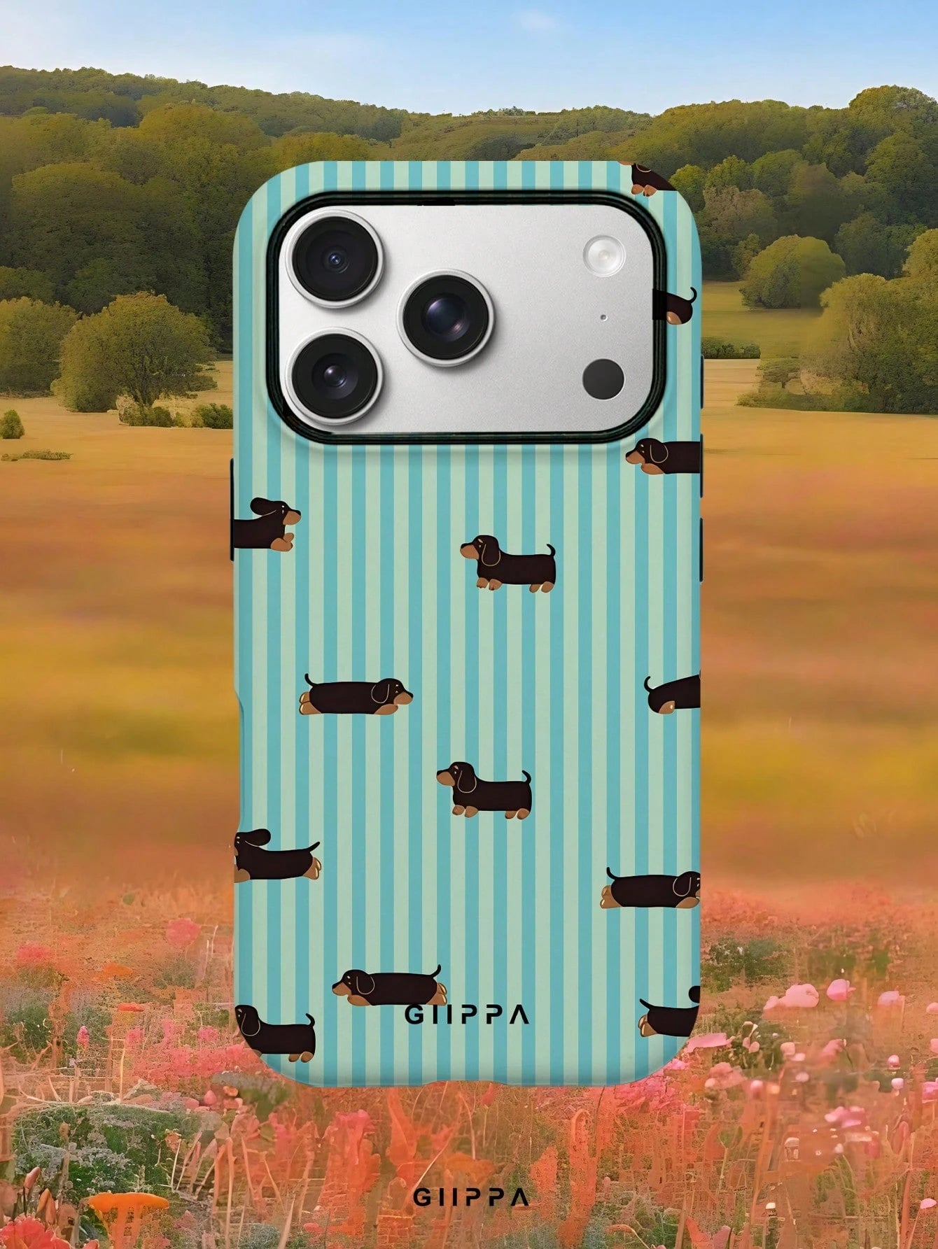 GIIPPA 1pc Light Blue Vertical Stripe & Dachshund Pattern Phone Case, Compatible With Phone 17 Pro Max, 16 Pro Max, 15 Pro Max, 14 Pro Max, 11/12/13/14/15/16 Pro Max Plus, Korean-Style High-End Fashio