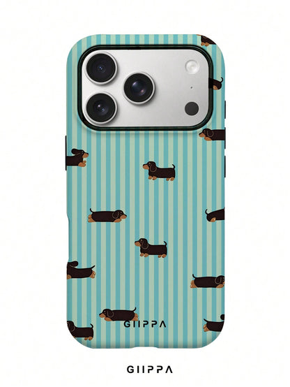 GIIPPA 1pc Light Blue Vertical Stripe & Dachshund Pattern Phone Case, Compatible With Phone 17 Pro Max, 16 Pro Max, 15 Pro Max, 14 Pro Max, 11/12/13/14/15/16 Pro Max Plus, Korean-Style High-End Fashio