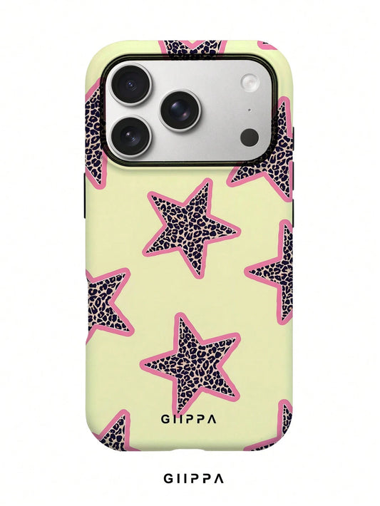 GIIPPA 1pc Yellow Background & Leopard Print Star Design Phone Case, Compatible With Phone 17 Pro Max, 16 Pro Max, 15 Pro Max, 14 Pro Max, Korean-Style High-End Fashion & Fun Phone Case, Compatible Wi