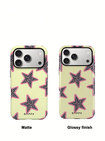 GIIPPA 1pc Yellow Background & Leopard Print Star Design Phone Case, Compatible With Phone 17 Pro Max, 16 Pro Max, 15 Pro Max, 14 Pro Max, Korean-Style High-End Fashion & Fun Phone Case, Compatible Wi