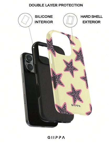 GIIPPA 1pc Yellow Background & Leopard Print Star Design Phone Case, Compatible With Phone 17 Pro Max, 16 Pro Max, 15 Pro Max, 14 Pro Max, Korean-Style High-End Fashion & Fun Phone Case, Compatible Wi