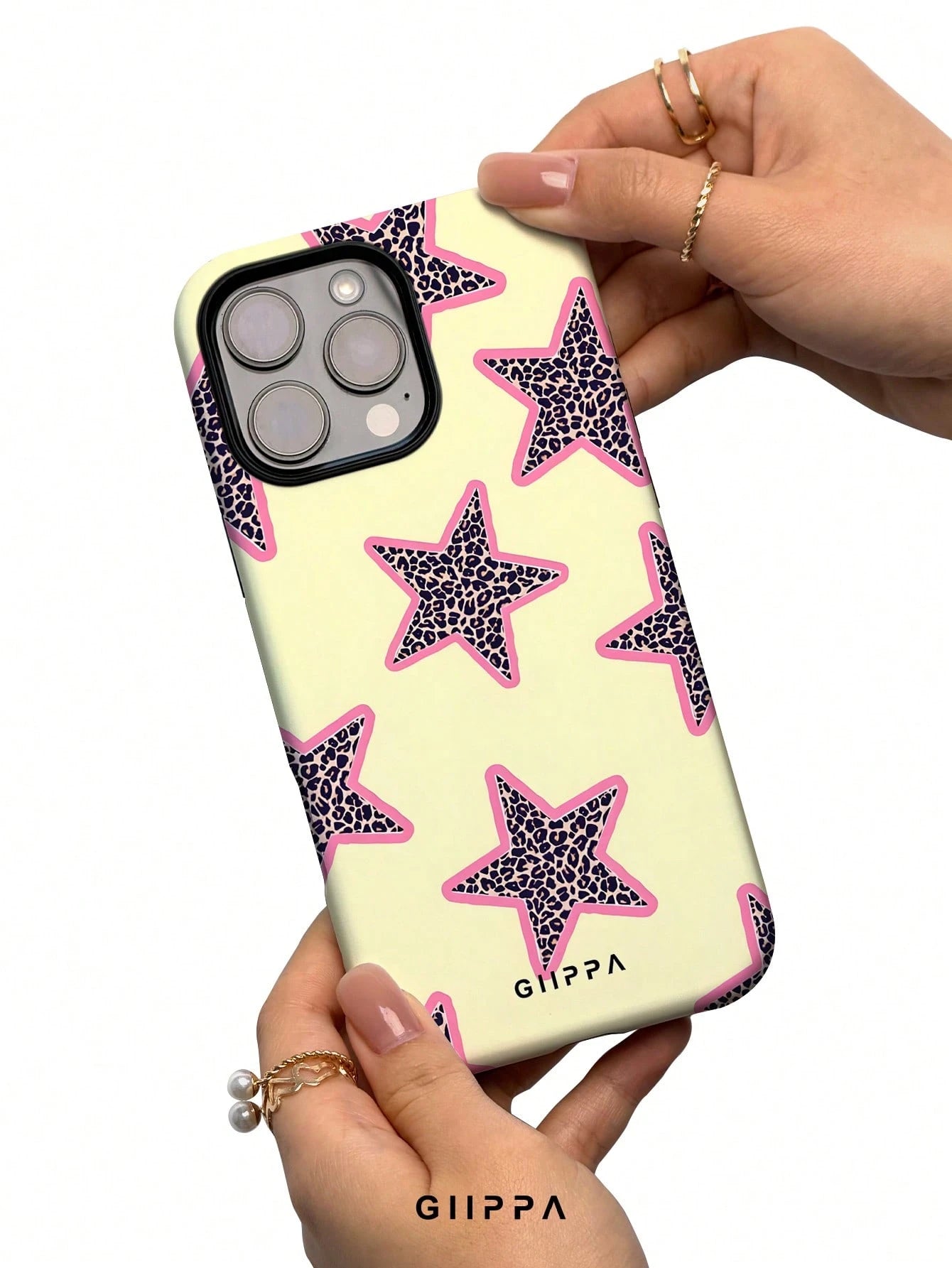 GIIPPA 1pc Yellow Background & Leopard Print Star Design Phone Case, Compatible With Phone 17 Pro Max, 16 Pro Max, 15 Pro Max, 14 Pro Max, Korean-Style High-End Fashion & Fun Phone Case, Compatible Wi