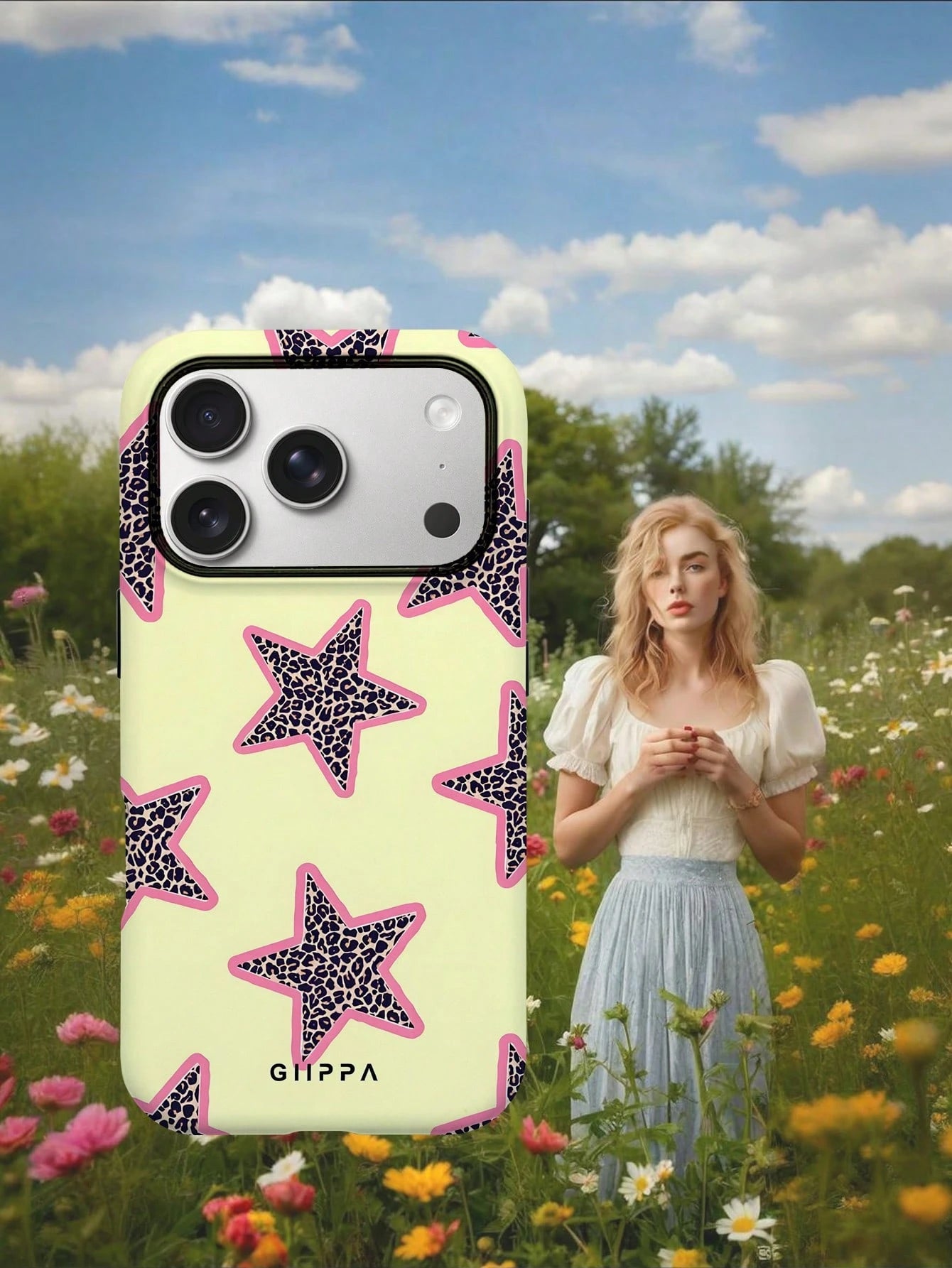 GIIPPA 1pc Yellow Background & Leopard Print Star Design Phone Case, Compatible With Phone 17 Pro Max, 16 Pro Max, 15 Pro Max, 14 Pro Max, Korean-Style High-End Fashion & Fun Phone Case, Compatible Wi