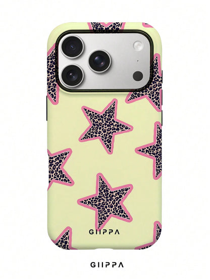 GIIPPA 1pc Yellow Background & Leopard Print Star Design Phone Case, Compatible With Phone 17 Pro Max, 16 Pro Max, 15 Pro Max, 14 Pro Max, Korean-Style High-End Fashion & Fun Phone Case, Compatible Wi