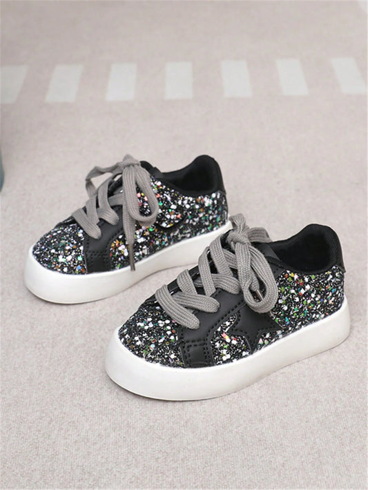 Girls' Glitter Star Casual Skate Shoes, Toddler Sequin Lace-Up Sneakers, Soft Sole Anti-Slip, Suitable For Daily Wear And Party Outfits